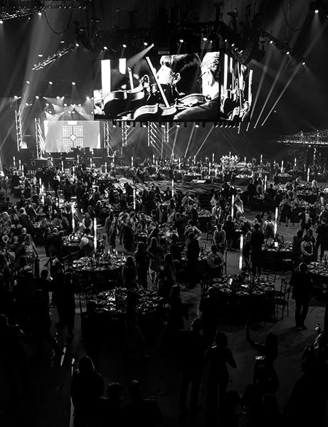 Birdseye view from top corner of a busy event